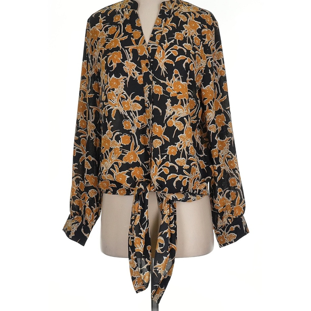 Elegant Floral Tie-Front Blouse - Black and Gold